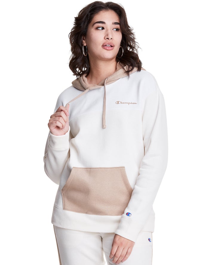 Champion Dame Hættetrøje Hvide - Colorblock Fleece - Danmark ROM-218365